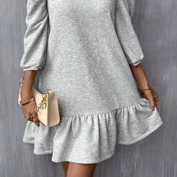 Grey Casual Womens Puff Sleeve Ruffle Hem Smock Dress - Picture 4 of 5